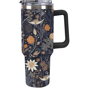 JKLQWH 40 oz beker met handvat geïsoleerde beker met deksel en rietje herbruikbare roestvrijstalen vacuüm geïsoleerde beker versierd met sterren bedrukt grote capaciteit autobeker