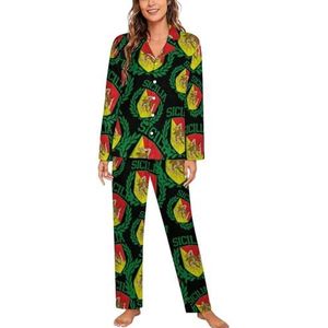 Siciliaanse vlag op schild met lauweren lange mouwen pyjama sets voor vrouwen klassieke nachtkleding nachtkleding zachte pyjama sets lounge sets