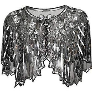 Grouptap Jaren 20, zwart/goud/zilver/wit, Gatsby, bolero, pailletten, cape, shrug wrap voor dames, flapper art deco, vintage jurk kostuum, zilver of zwart, One size
