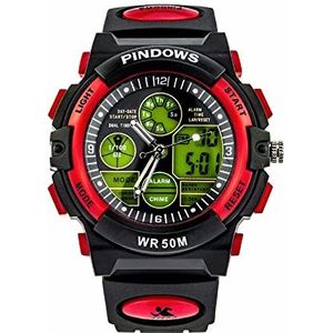 Kinderhorloges, 5 atm waterdichte analoge digitale digitale display boy horloge, led backlight outdoor sport multifunctioneel polshorloge, met stopwatch, date, alarm,Rood