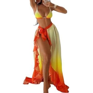 HFYRBDKSPI 3-delige bikiniset voor dames met bijpassende wikkelrok gradiëntkleur halter driehoekig badpak,Oranje,L