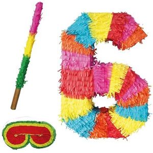 Party Factory Pinata, Getallen 0-9, met stok en blinddoek, Kiderverjaardag, 50 x 35 x 8cm, 6, multicolor