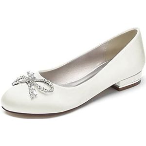 Satijnen Bruidsschoenen Dames Platte Ronde Neus Ballet Flats Slip on Trouwjurk Sandalen Met Strass,ivoor,36 EU