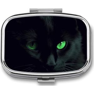 Black Cat Green Eyes Travel Pill Organizer Een dagelijkse pillendoos voor supplementen pillendoosje met 2 compartimenten, handig voor het dragen en bewaren van medicijndoos