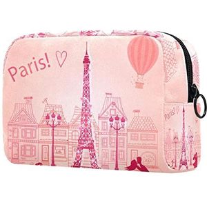 Parijs Eiffeltoren Valentines Pink Love Print Reizen Cosmetische Tas voor Vrouwen en Meisjes, Kleine Make-up Tas Rits Pouch Toilettas Organizer, Meerkleurig, 18.5x7.5x13cm/7.3x3x5.1in, Mode