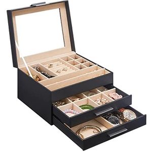 Sieradendoos Sieradenorganizer Jewelry Box Met Glazen Afdekplaat, 3-Layer Sieraden Organizer Met 2 Laden, Sieraden Geval Sieraden Display Storage Geschenk For Geliefden Juwelendoos Sieradendoosje (Co