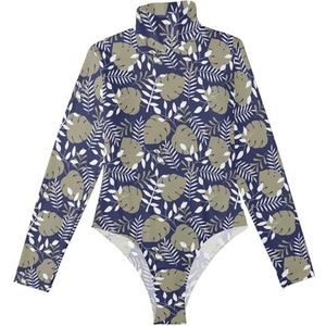 LI ZHI XIN Rompertje met lange mouwen voor dames, lange mouwen, eendelige jumpsuit met rolkraag, turnpakje voor meisjes, dans, workout, fitness, bodysuit met tropische planten, boombladeren