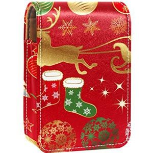 Rode Kerst Grafische Elementen Lipgloss Houder Lippenstift Case Draagbare Mini Lipstick Opbergdoos Reizen Lipstick Organish Case met Spiegel voor Vrouwen., Meerkleurig, 9.5x2x7 cm/3.7x0.8x2.7 in