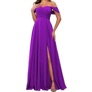 HPPEE Off-shoulder chiffon bruidsmeisjesjurken met split voor vrouwen mouwloze strapless avond formele jurk, Paars, 32