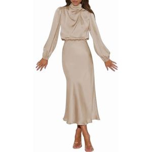 Elegante Satijnen Jurken met Lange Mouwen voor Dames, Formele Feest Maxi-jurk met Elastische Hoge Taille(Color:Apricot,Size:XL)
