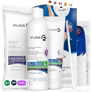 Mr. Fuss No. 4 - Advanced Pack Steel - klein, nagelriemen eeltverwijderaar voordeelpakket 4 stuks. Actieve oplossing snel verzachtend - 250 ml, balsem nr. 2-100 ml, watten, roestvrijstalen schraper