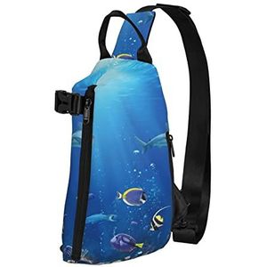 WOWBED Tropische schildpad haai bedrukte crossbody sling tas multifunctionele rugzak voor reizen wandelen buitensporten, Zwart, One Size