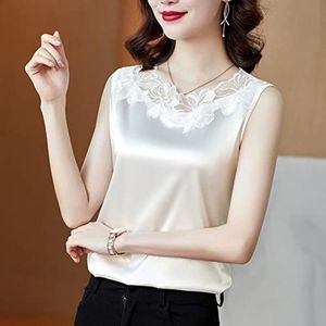Mode chiffon top shirt dames zomer losse vest satijnen mouwloos kant v-hals bovenaan kantoor dames shirt-Style2 White,M