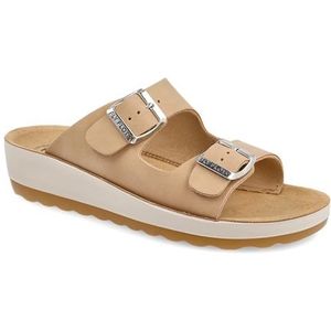 Fly Flot Castana stoffen damesslippers, open met dubbele verstelbare gesp, lederen voetbed, sandalen, beige, maat 39 EU, Beige, 39 EU