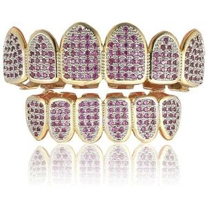 Regenboog Multi Color Grillz Tanden, 18K Vergulde Bovenkant Onderkant Kap Iced Out Fangs Mondgrills set Fancy(Purple)