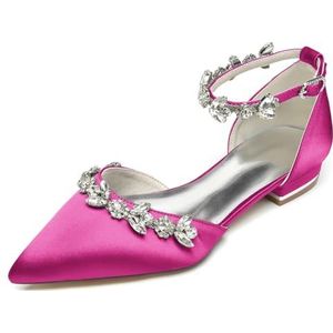 Dames Pumps Met Puntige Neus Satijnen Trouwschoenen Voor Bruidsflats Enkelbandje Bruidsschoenen Formele Galafeestjurk Sandalen,Fuchsia,42 EU