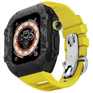 dayeer Koolstofvezel behuizing met fluor rubberen horlogeband voor Apple Watch Ultra2 Ultra, heren Mod Kit Cover Strap voor IWatch9 8 7 6 5 4 SE vervangende accessoires (Color : Yellow, Size : 45mm4