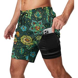 Kleurrijke Bloemen Decoraties Mannen Zwembroek Sneldrogende 2 in 1 Strand Sport Shorts met Compressie Voering En Zak