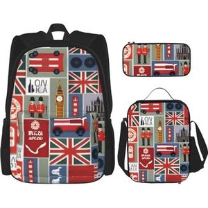 SUHNGE Engeland Symbolen Print Travel Backpack3 Pcs Set, Lichtgewicht Waterbestendig Boekentas, Lunch Tas, Potlood Case, Engeland Symbolen, Eén maat
