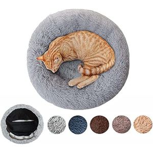 Pluizige anti-stress hondenmand, wasbaar, afneembaar kussen, ronde zachte pluche bank, manden en comfortabele meubels voor honden kat (XS-50cm, lichtgrijs)