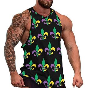 Mardi Gras Fleur De Lis Tanktop voor heren, grafische mouwloze bodybuilding-T-shirts, casual strand-T-shirt, grappig sportshirt