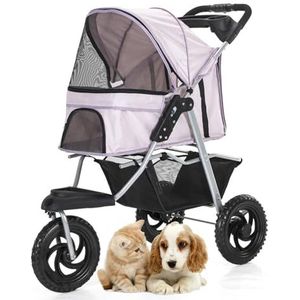 Hondenkinderwagen met 3 grote wielen, opvouwbare hondenreiskinderwagen met opbergmand, puppyreiskinderwagen met gaaskap en bekerhouders,Roze