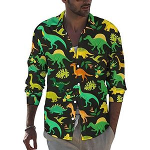 Cartoon dinosaurussen en tropial palm heren revers lange mouw overhemd button down print blouse zomer zak T-shirts tops 4XL