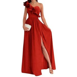 Damesjurk met één schouder voor bruidsmeisjes, fluweel, mouwloos, lange formele jurk met split, Rood, 40