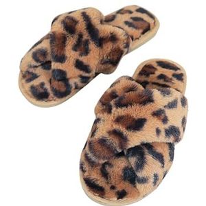 Fuzzy pantoffels met luipaardmotief - Zachte pluche damespantoffels met luipaardprint | Indoor Spa Slaapkamer Platte Schoenen Harige Fleece Slip- Slippers voor winter, lente, Bittu