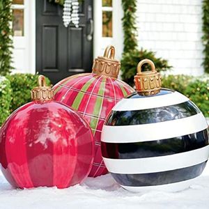 Settoo Kerstdecoraties, opblaasbare kerstbal, 60 cm, van pvc, kerstbal, gepersonaliseerde boomversiering, kerstballen (met cilinderpomp), zwarte en witte strepen