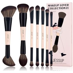 Jessup Make-up kwastenset 7pcs Dubbelzijdige Make-up kwasten voor Fundering,Concealer, Blush, Oogschaduw, Contouren, Bronzer, Poeder, Blending,Gezichts en Oogmake-upbrostels,Peach Dust T600