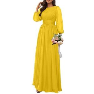 Dames chiffon bruidsmeisje jurken lange formele avond prom jurken ruches cocktail jurken plus size, Mosterd Geel, 32