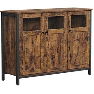 VASAGLE dressoir, keukenkast, opbergkast, met glazen deuren, voor woonkamer, keuken, eetkamer, stalen frame, industriële stijl, vintage bruinzwart LSC099B01