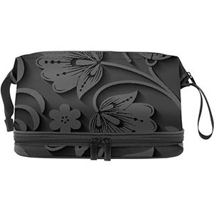 Grote capaciteit reizen cosmetische tas,Zwarte 3D bloem bladeren patroon, make-up tas, waterdichte make-up tas organisator, Meerkleurig, 27x15x14 cm/10.6x5.9x5.5 in