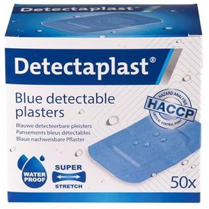 Detectaplast blauwe pleisters Premium, metaaldetecteerbare, waterdichte en vuilwerende pleisters sensitive, voor de voedingsindustrie, catering en grootkeuken, 50 x 72 mm, 50 stuks