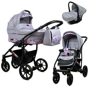 Lux4kids 022 Kinderwagenset, eenvoudige bediening, inklapbaar, lekvrij, GoLux Black by Lux4kids Grey Pink Uil, 3-in-1 met babyzitje