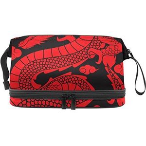 Grote capaciteit reizen cosmetische tas, make-up tas, waterdichte make-up tas organizer, traditionele Chinese rode draak zwart, Meerkleurig, 27x15x14 cm/10.6x5.9x5.5 in