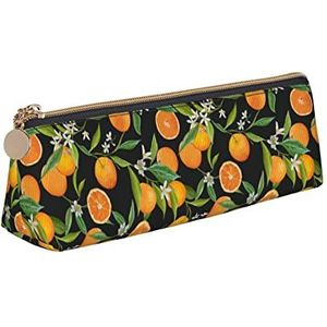 ReesEt Oranje Fruit Patroon Potlood Pouch Driehoek Pen Case Draagbare Lederen Potlood Tas met Rits Cosmetische Pouch Bag, zoals afgebeeld, Eén maat, Tas Organizer