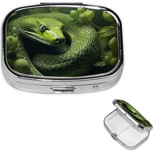 Pillendoosje 2 compartimenten pillendoos draagbare metalen pillenorganizer schattige reispillencontainer groene slang op bomen vitamine organizer voor portemonnee zak reizen cadeau