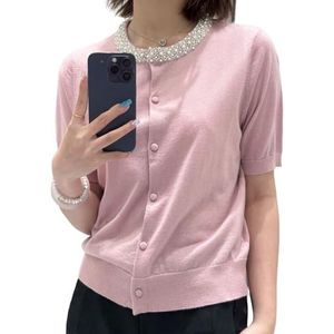 GKEIOSHQIL Dames korte mouw vesten wollen mix Pearl Crewneck Button Down Casual gebreide vest tops,Roze,L