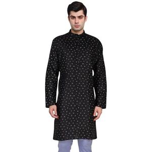 SKAVIJ Heren katoenen tuniek met lange mouwen bedrukt Kurta, Zwart, L
