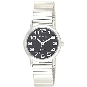 Ravel - heren gemakkelijk te lezen staal expander armband horloge met grote getallen (36mm) - zilver tint/zwarte wijzerplaat