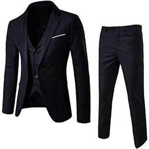Hopereo Heren 3 stuks zwart elegant pak met broek vest jas slim fit enkele knoop feest formele zakelijke jurk pak man Terno, Zwart, XL