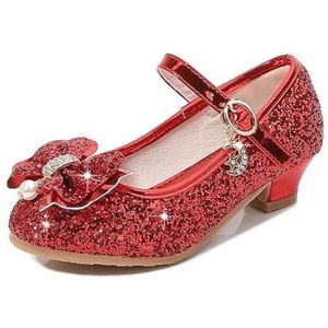 Glitter Prinses Schoenen Meisjes Hoge Hakken Boog Prinses Model Kristal Enkele Schoenen Pailletten Kinderen Schoenen Vrouwen, Rood, Size 32 inner length 20cm