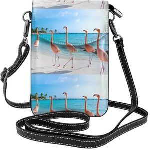 Roze flamingo op strand lederen cross body flip telefoontas met afneembare schouderbanden, gebruikt voor reizen, dating, vakantiegeschenken, Zwart, Eén maat