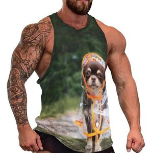 Grappige chihuahua in regenjas heren tanktop grafische mouwloze bodybuilding T-shirts casual strand T-shirt grappige sportschool spier