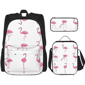 DEXNEL Grote capaciteit Flamingo Vogel Ronde Bladeren Rugzak Lunch Tas Etui Combinatie 3-delige Set, voor Middelbare School, Flamingos op wit, Eén maat