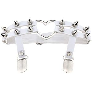 1x Vrouwen Lederen Dubbele Riem Hart Kousenband Elastische Klinknagel Stud Been Jarretelgordel, Wit