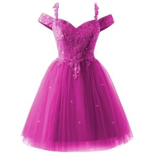 YIANN Sprankelende pailletten tule thuiskomst jurken voor tieners kant applicatie koude schouder cocktail party jurk, Fuchsia, 32