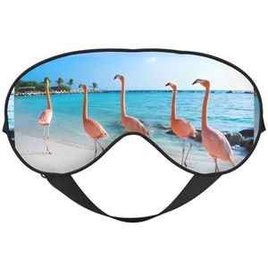 Roze Flamingo Op Strand Unisex Elastische Verstelbare Gesp Ontwerp Verduisterend Slaap Oogmasker voor Thuis Reizen Yoga Kantoor Nap